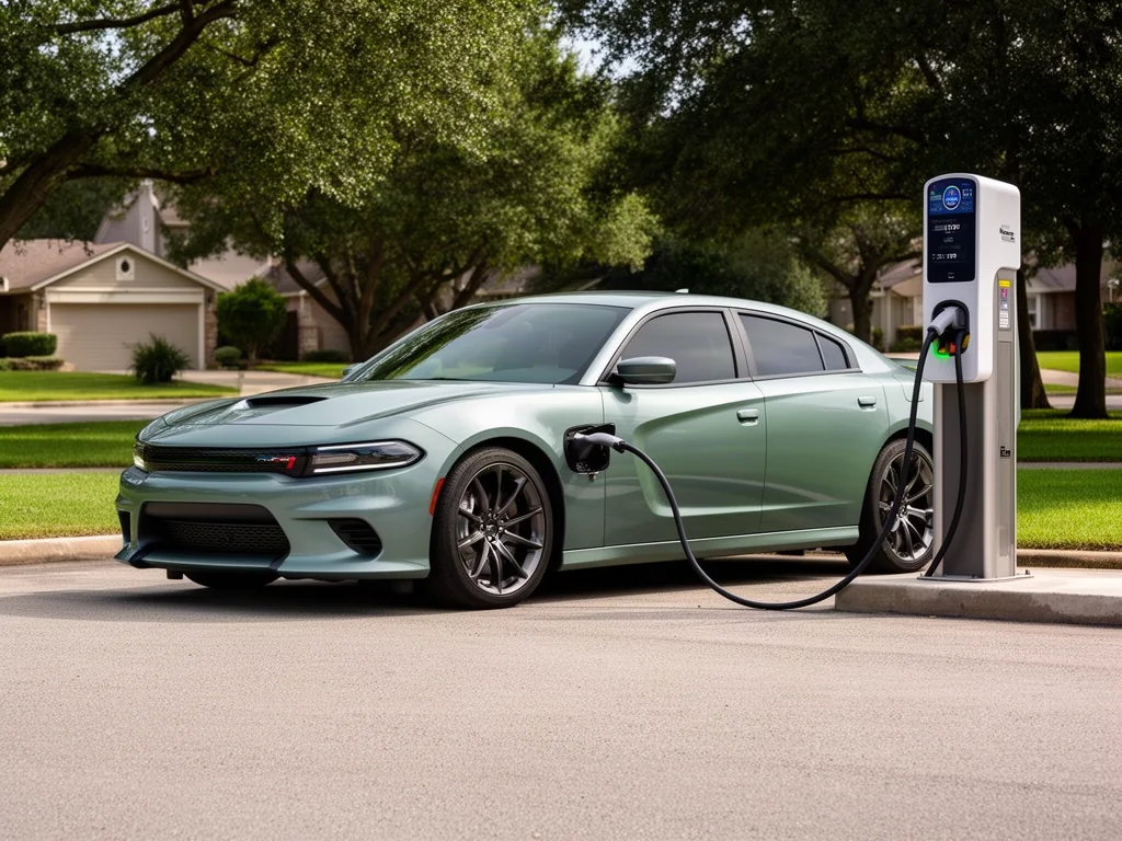 Dodge Charger Daytona electric car parked beside a public charging station