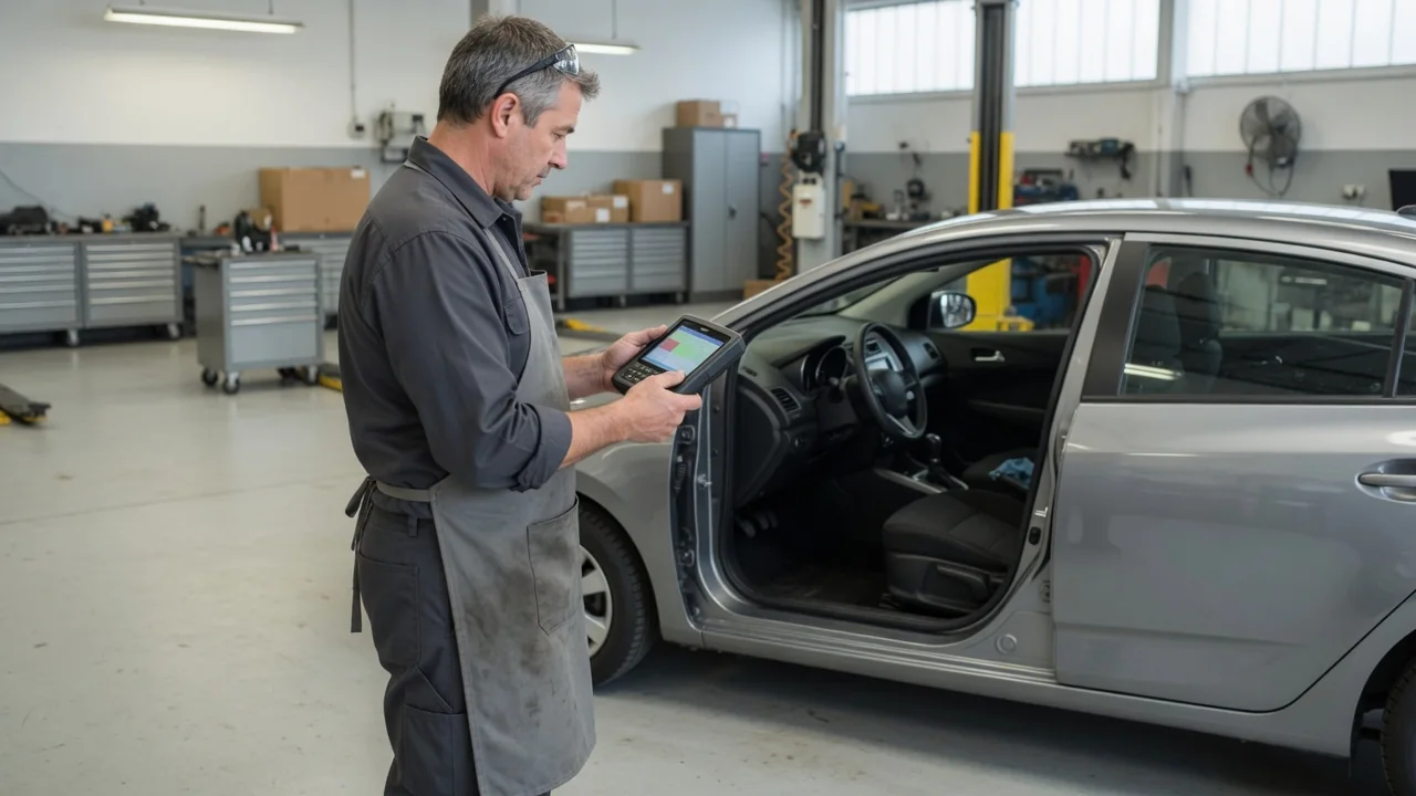 Technician reviewing diagnostic trouble codes on a scan tool beside a parked vehicle