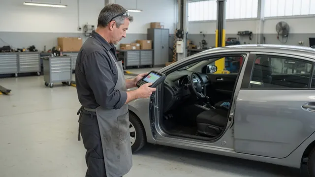 Technician reviewing diagnostic trouble codes on a scan tool beside a parked vehicle