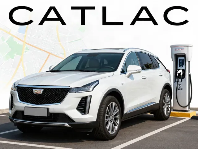 Illustration of an electric Cadillac SUV charging beside a route map with planned stops