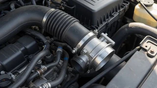 Ford F-150 engine bay with the throttle body connection to the intake duct highlighted