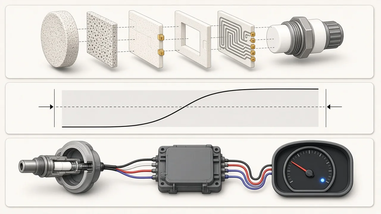 Illustration of a zirconia sensing element, narrowband signal, and wideband sensor with controller and gauge