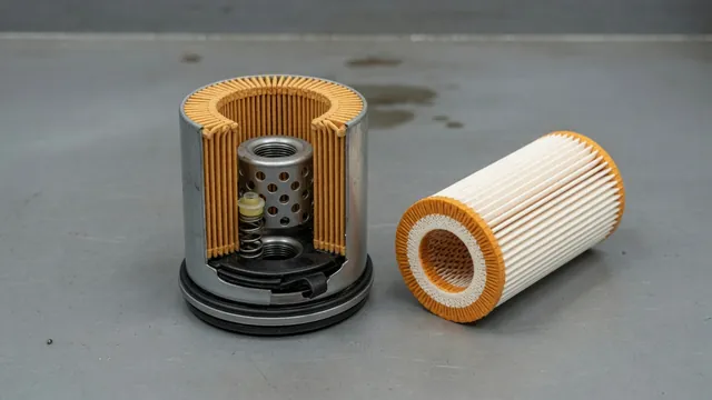 Oil filter cutaway showing pleated media, a sealing gasket, and internal valves beside a replacement cartridge