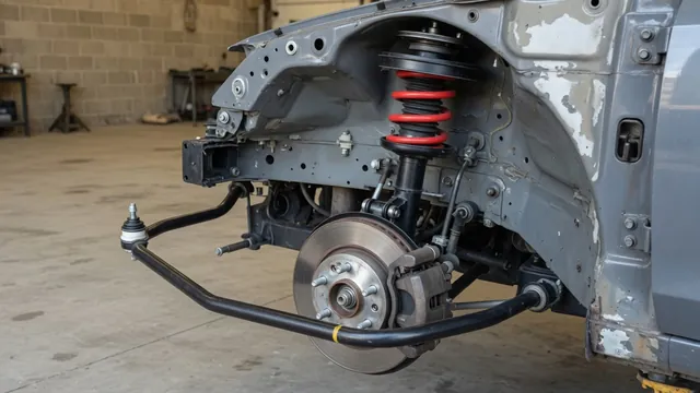Illustration of a strut assembly, upper mount, coil spring and nearby sway bar link