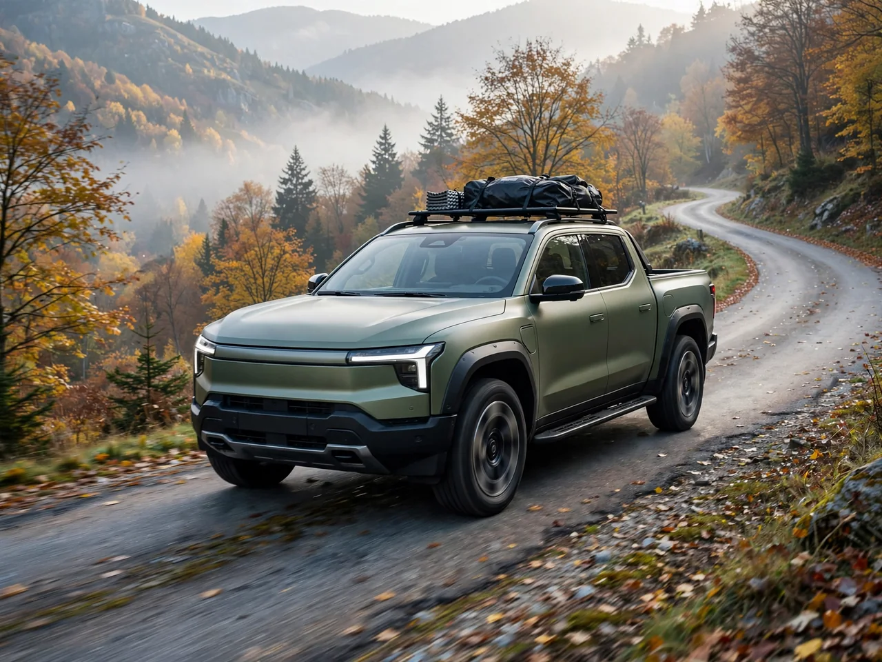 Electric pickup truck slowing on a downhill mountain road on a cool morning, illustrating regenerative braking