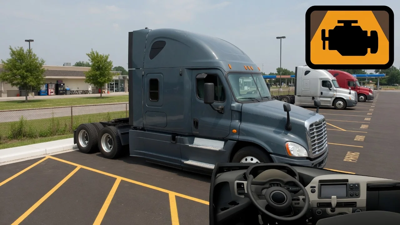Freightliner Cascadia parked safely with an inset illustration of an illuminated engine warning symbol