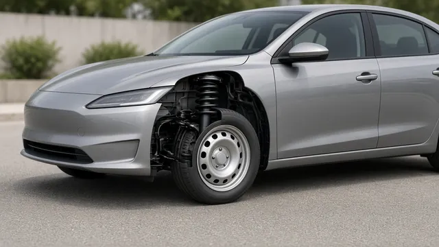 Parked car with its front wheel and suspension strut visible in a technical cutaway