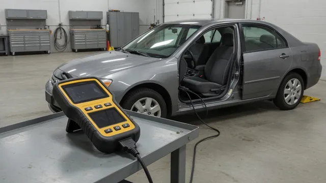 Diagnostic scanner displaying P1405 beside a parked vehicle with its engine off
