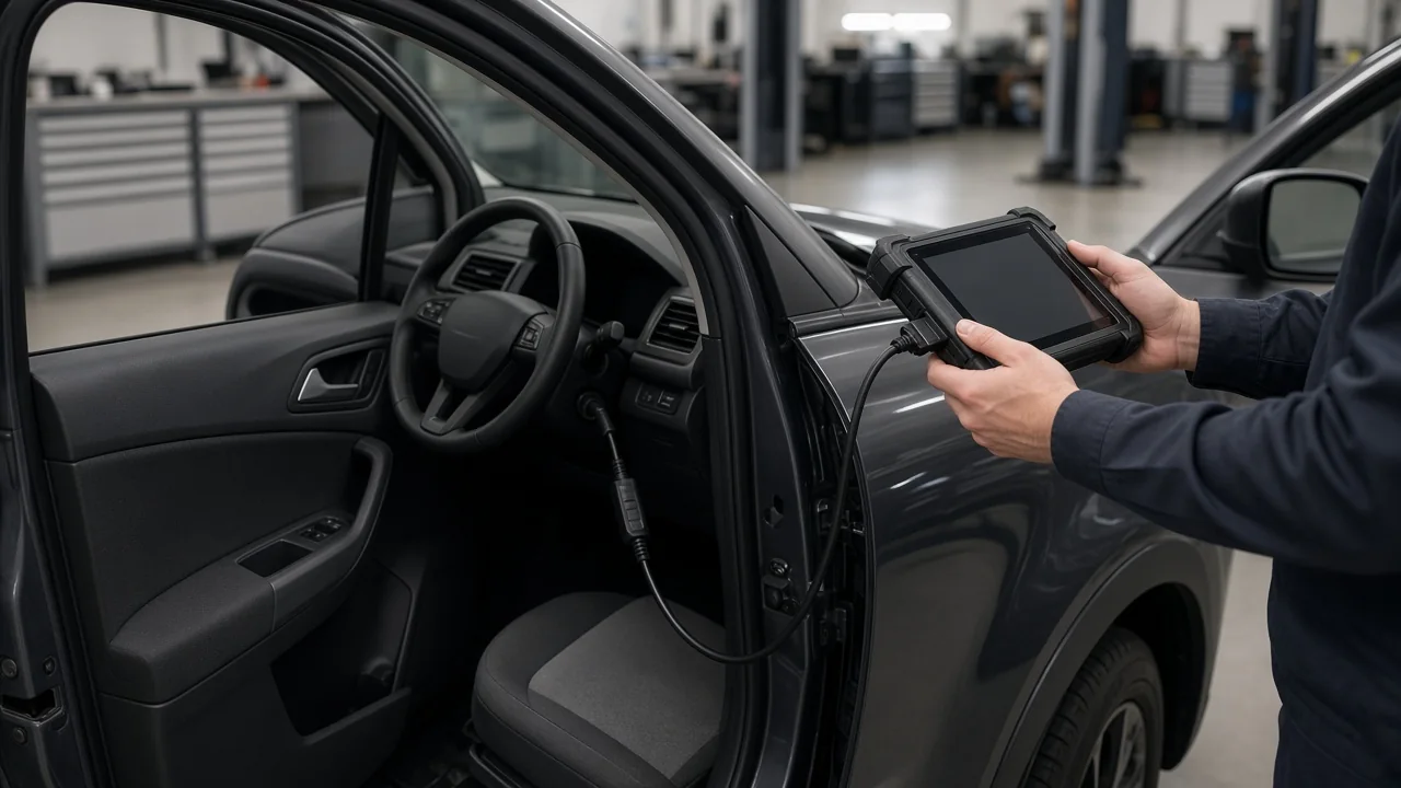 Technician reviewing chassis fault codes on a scan tool beside a parked vehicle