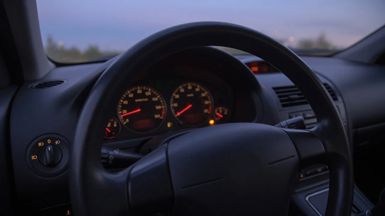 Dim instrument cluster backlighting in a car at dusk with the headlight switch turned on
