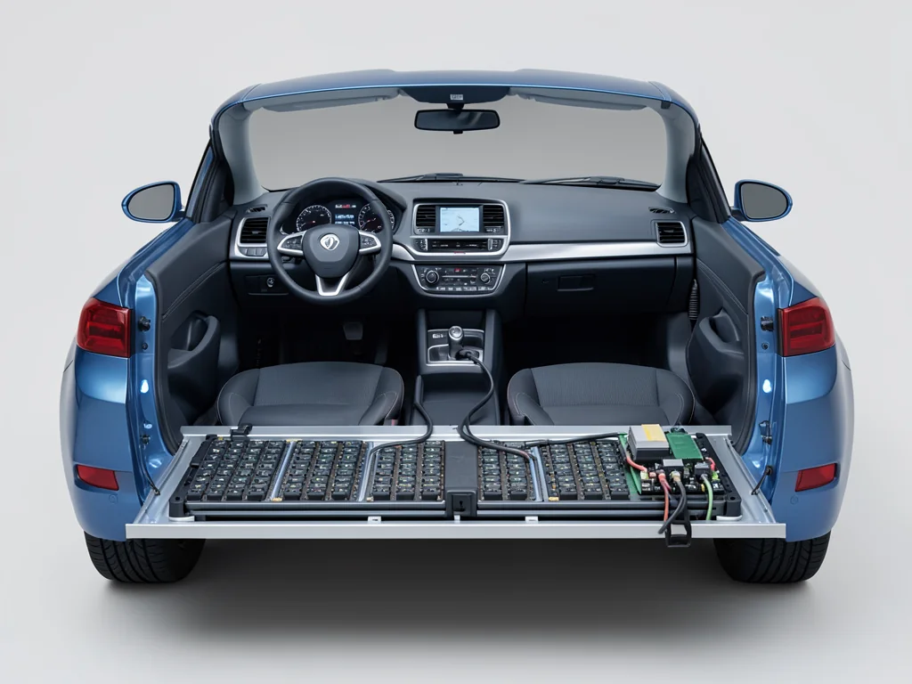 Illustrated EV battery pack with cells, cooling channels, and power electronics beneath a vehicle floor
