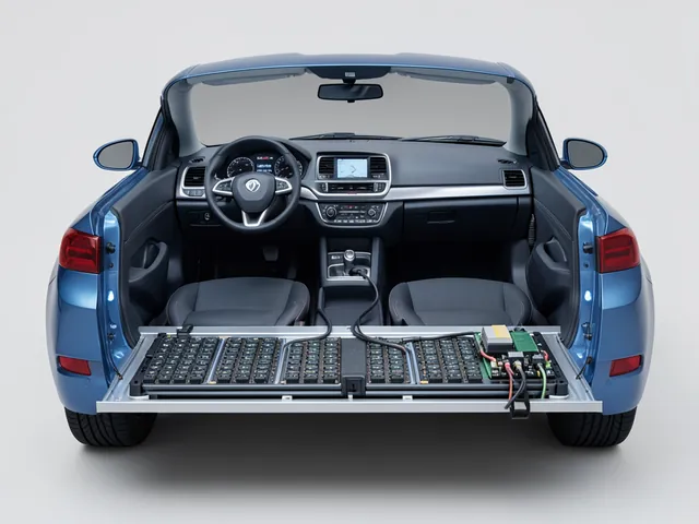 Illustrated EV battery pack with cells, cooling channels, and power electronics beneath a vehicle floor