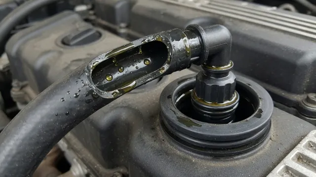 Illustration of oil residue around a PCV valve connection and inside a crankcase ventilation hose