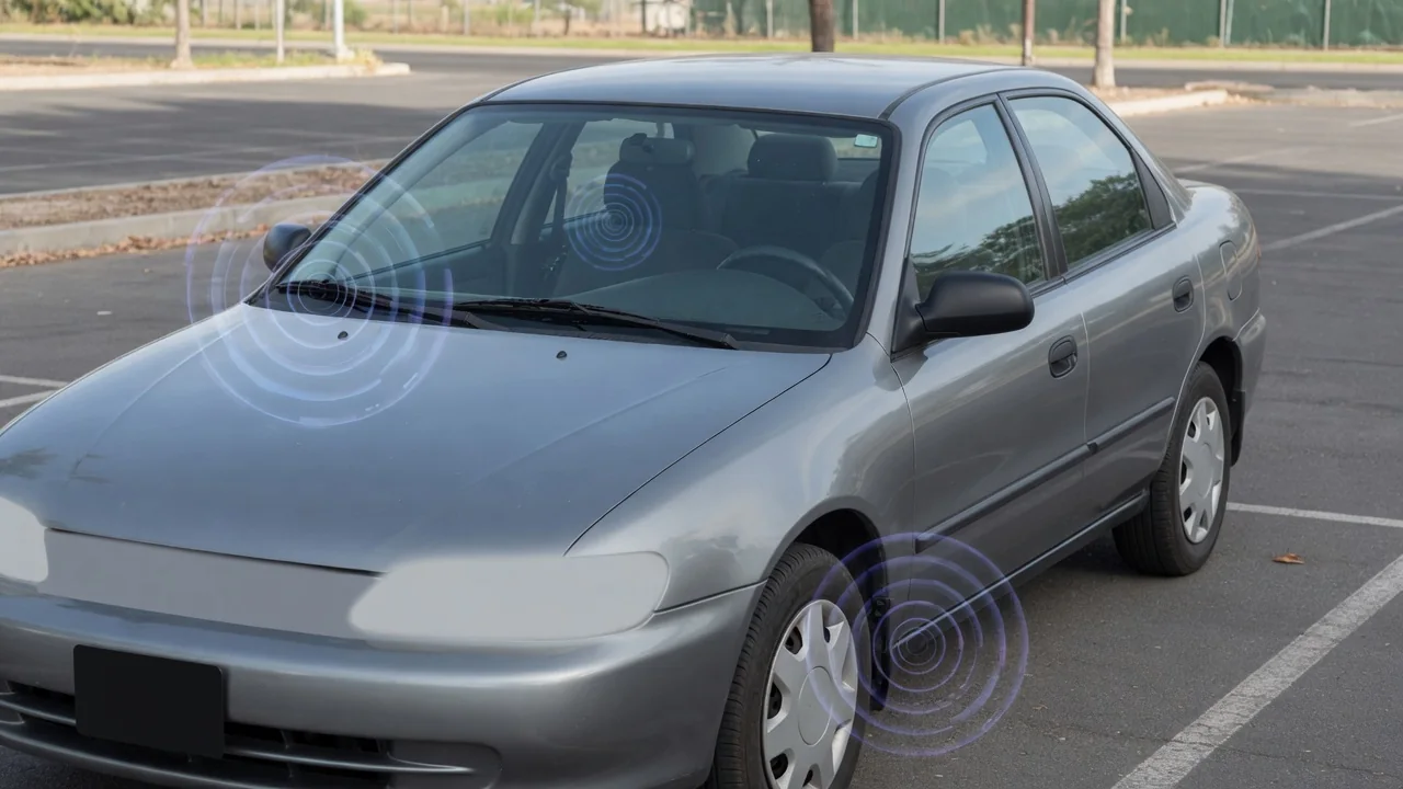 Parked car with highlighted areas around the engine, dashboard, and front wheel to locate a clicking noise