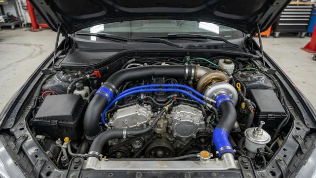 Turbocharged engine bay showing intake piping, charge air hoses, and a turbocharger bypass valve