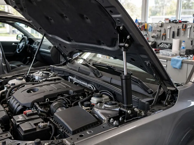 Gas lift support mounted between a car hood and the engine bay bodywork