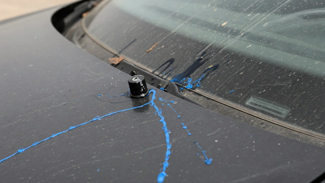 Windshield washer nozzle on a car hood giving only a weak trickle of fluid instead of a full spray