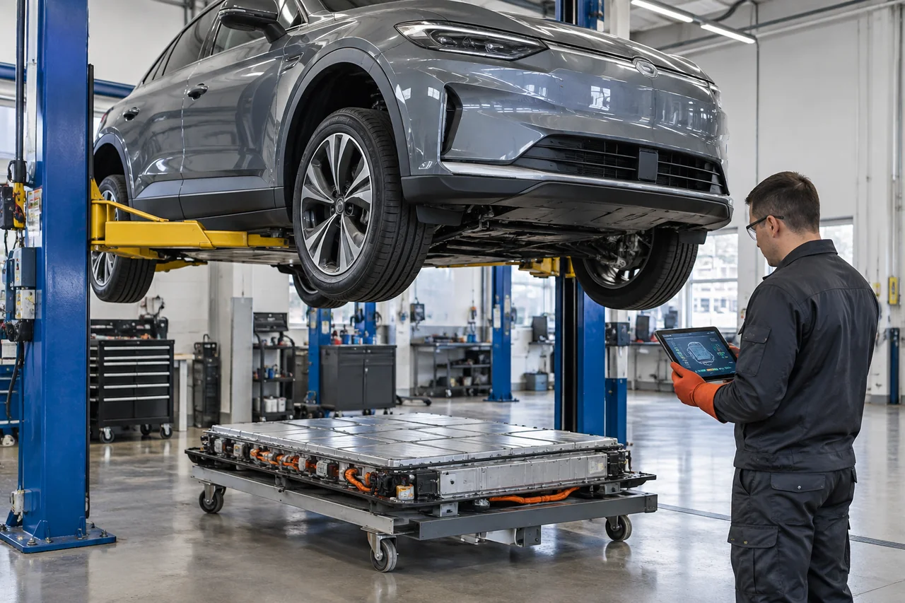 Electric car on a service lift with its underfloor battery pack visible while a technician checks battery status on a tablet