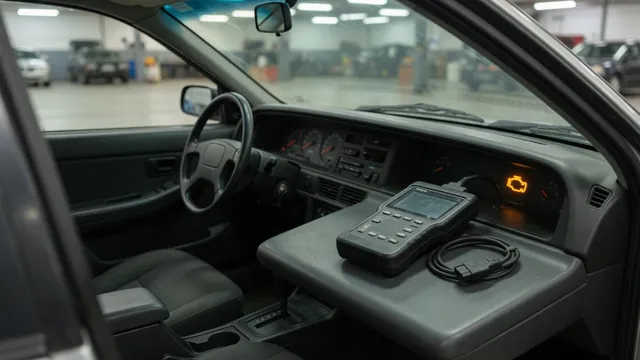 Diagnostic scanner beside a vehicle dashboard displaying a check engine light