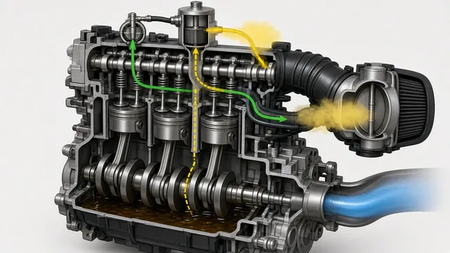 Diagram showing crankcase vapors and oil mist moving through a PCV system toward the intake
