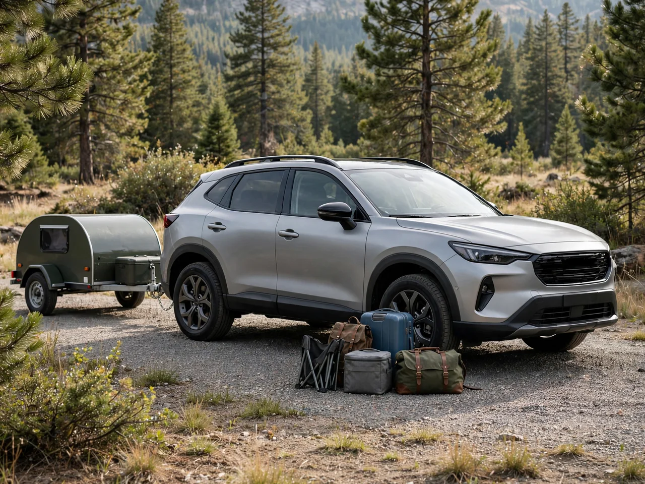 A crossover with a small camping trailer parked on a level campsite pad
