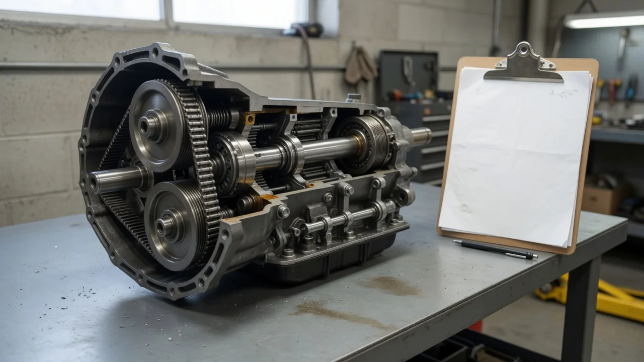 Conceptual CVT cutaway showing variable pulleys and a belt beside a vehicle inspection checklist