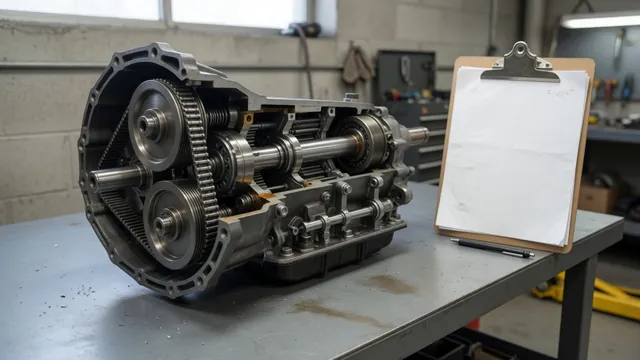 Conceptual CVT cutaway showing variable pulleys and a belt beside a vehicle inspection checklist