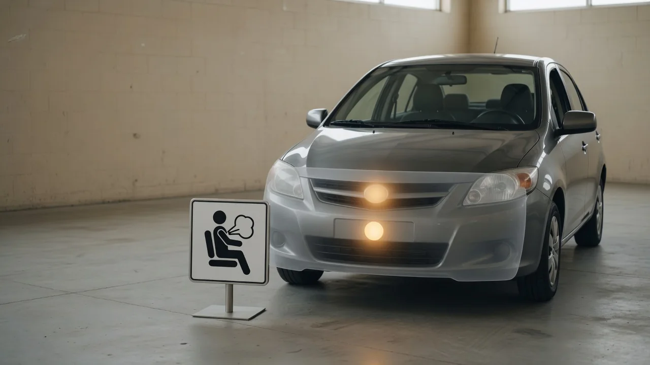Vehicle front end with a conceptual impact sensor location and an illuminated airbag warning symbol