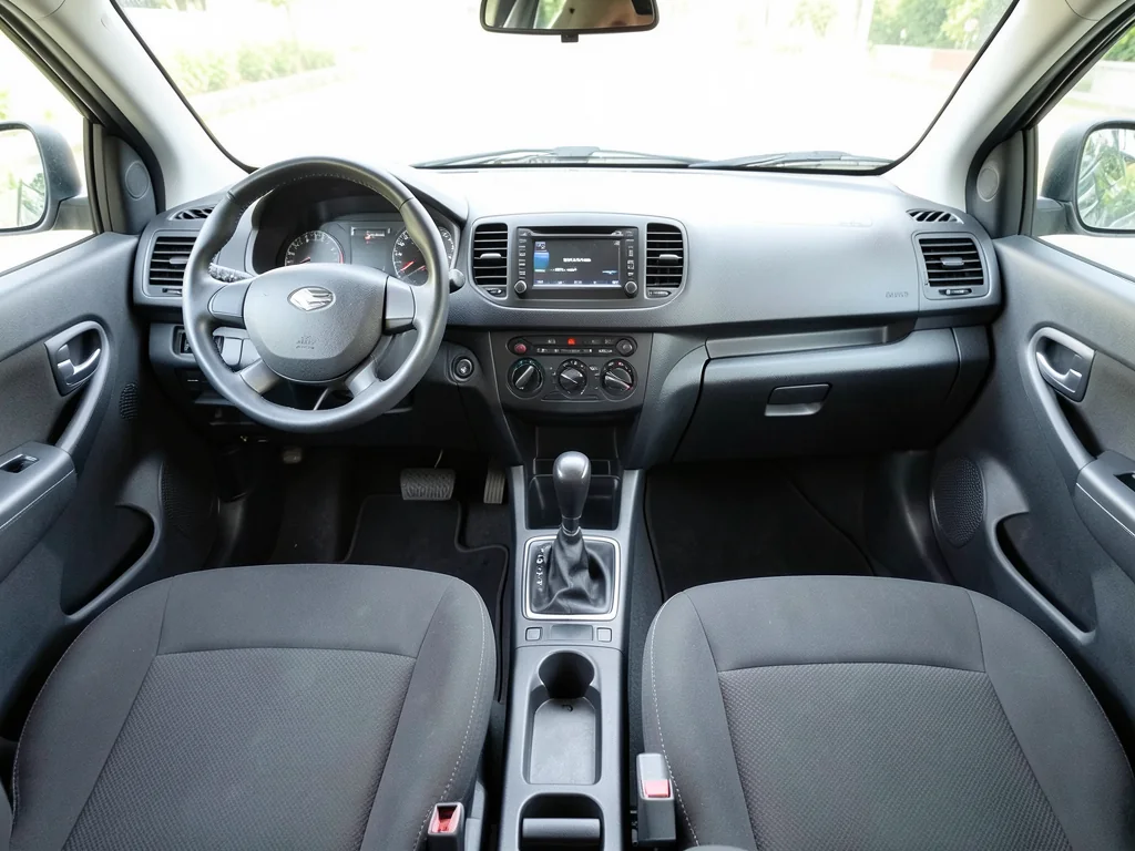 Manual gearshift and cloth front seats inside a modest compact car