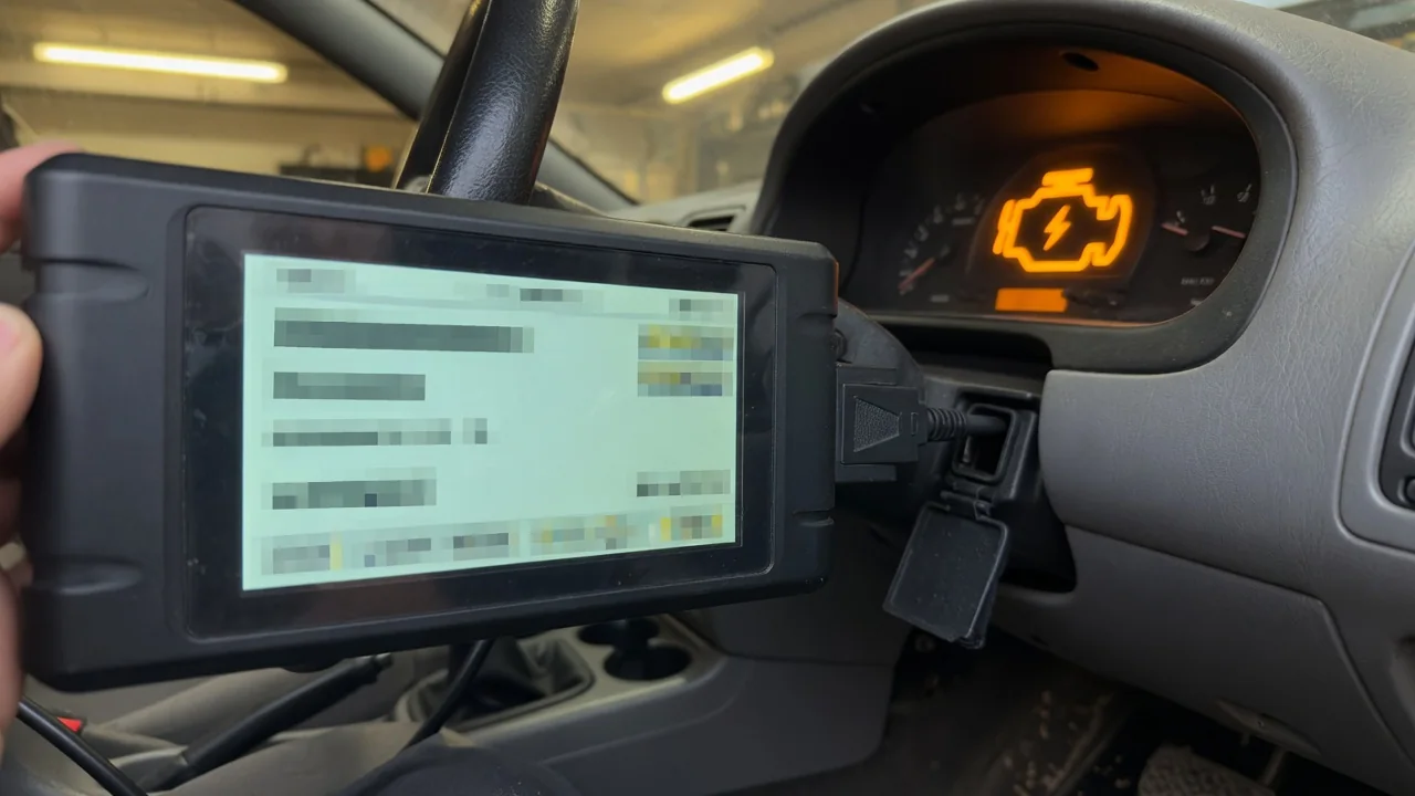 OBD-II scan tool plugged into a car's diagnostic port, with the check engine light on in the background