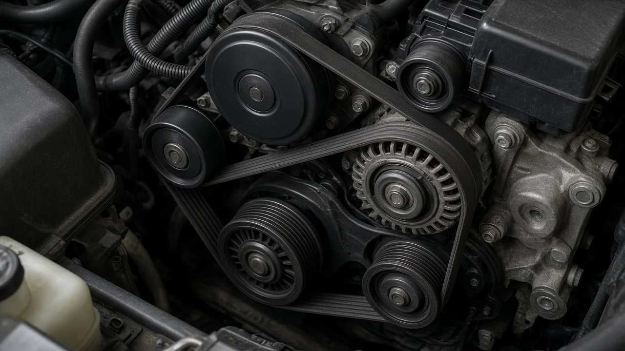 Stationary serpentine belt routed around accessory pulleys in an engine bay with the engine off