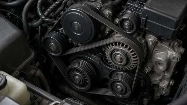 Stationary serpentine belt routed around accessory pulleys in an engine bay with the engine off