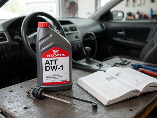 Honda ATF DW-1 transmission fluid bottle on a workbench beside a dipstick and owner's manual