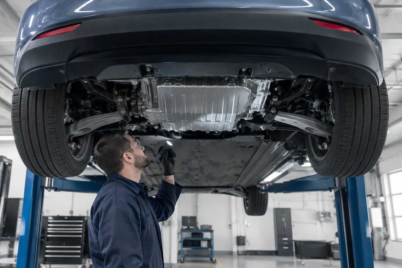 Technician inspecting the rear electric drive unit of an electric sedan raised on a service lift