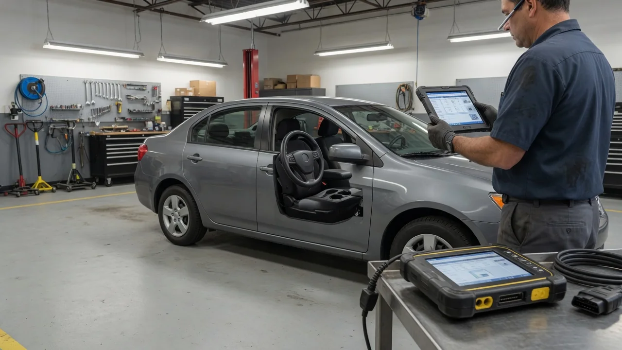 Diagnostic scanner beside a parked vehicle with a technician reviewing vehicle information