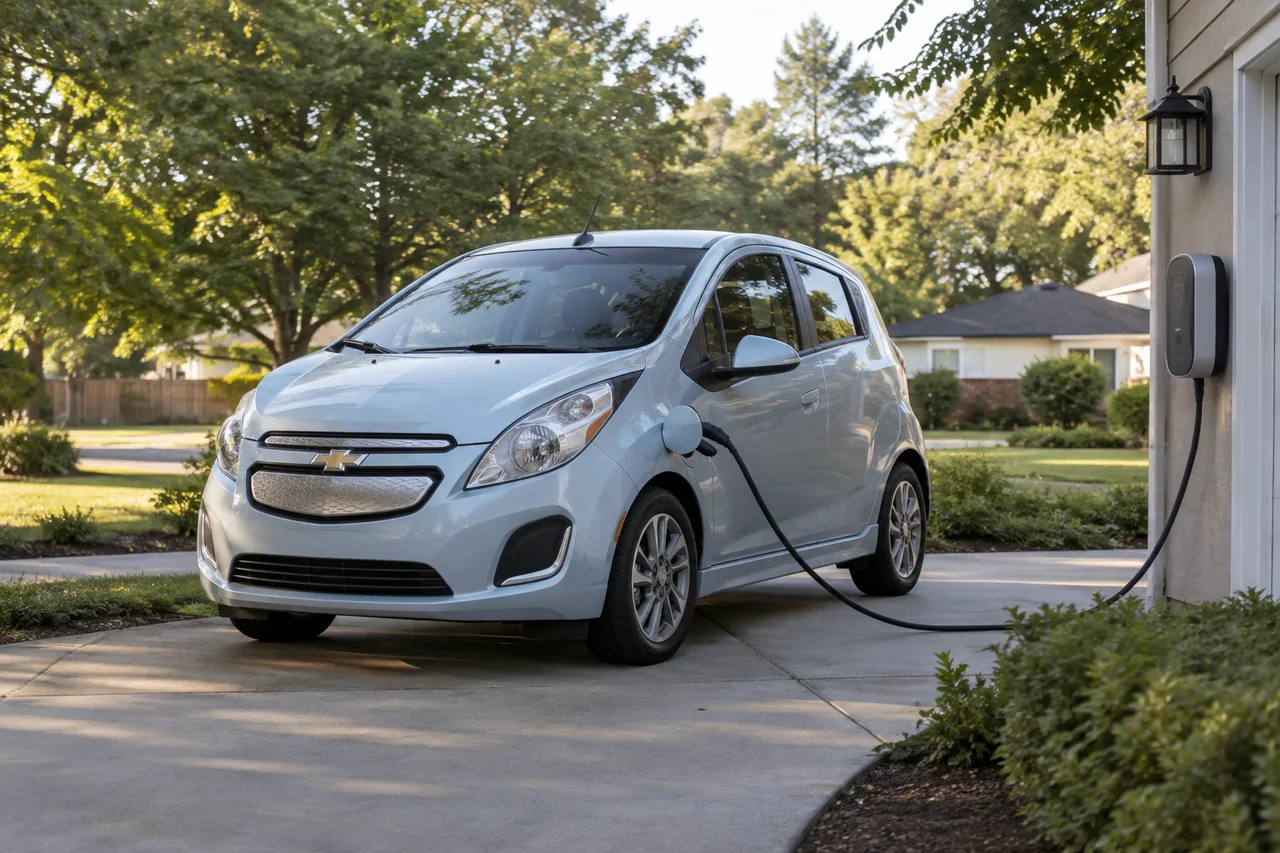 Chevrolet Spark EV parked beside a residential charging station
