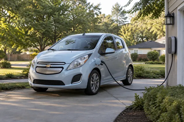 Chevrolet Spark EV parked beside a residential charging station