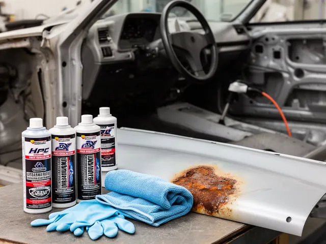 Unbranded rust treatment bottles beside a car body panel with a small patch of surface rust