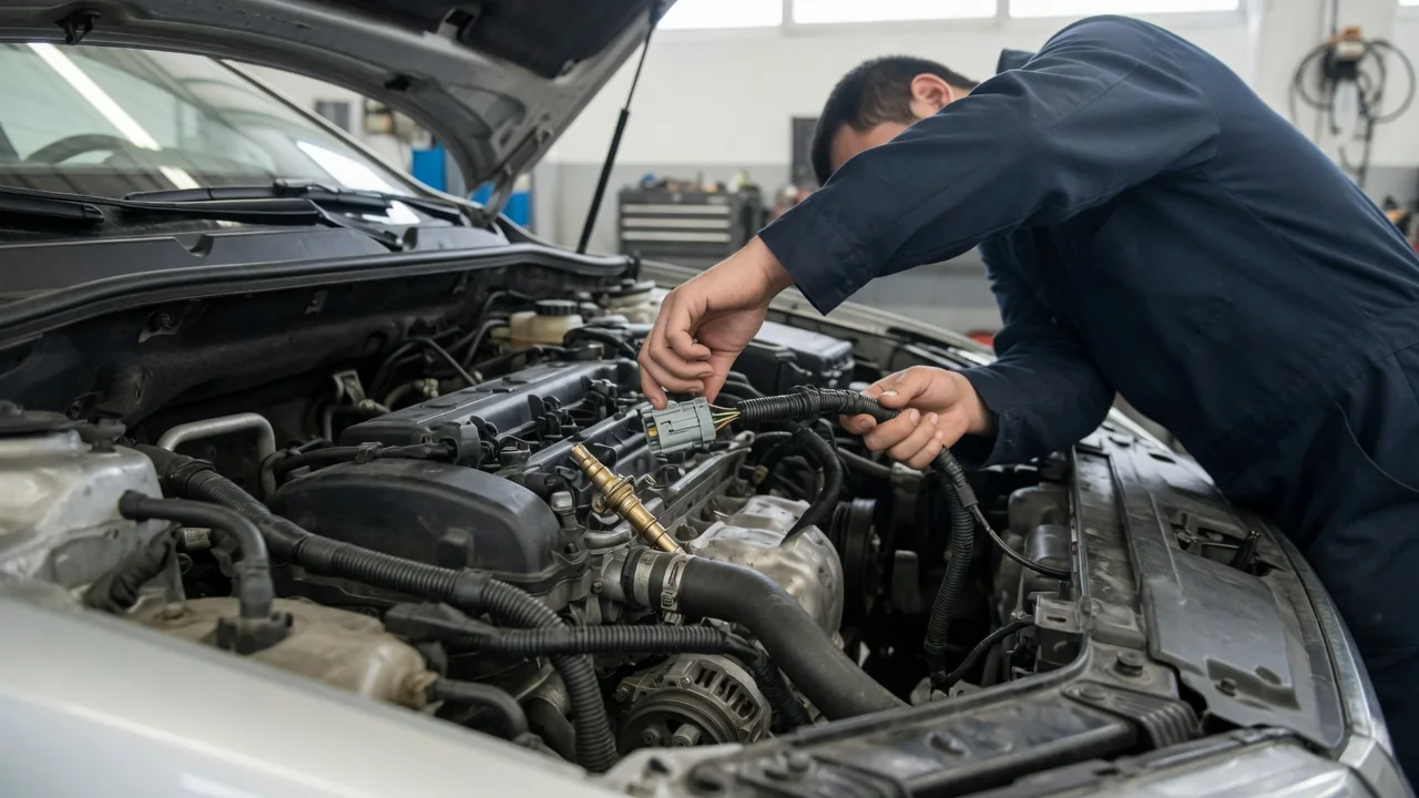 Coolant temperature sensor connector and wiring being visually inspected on a cool engine