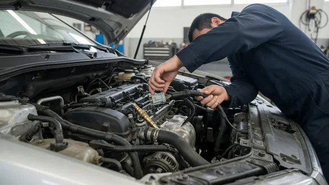 Coolant temperature sensor connector and wiring being visually inspected on a cool engine