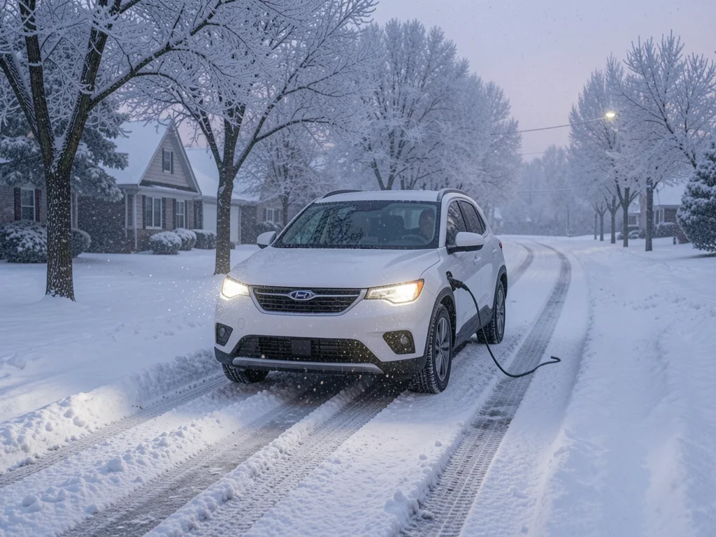 White electric SUV driving carefully on a snowy road at dusk while light snow falls