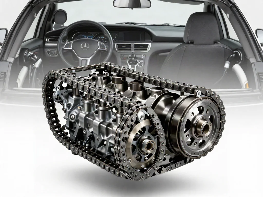 Illustration of an engine timing chain, sprockets, guides, and tensioner