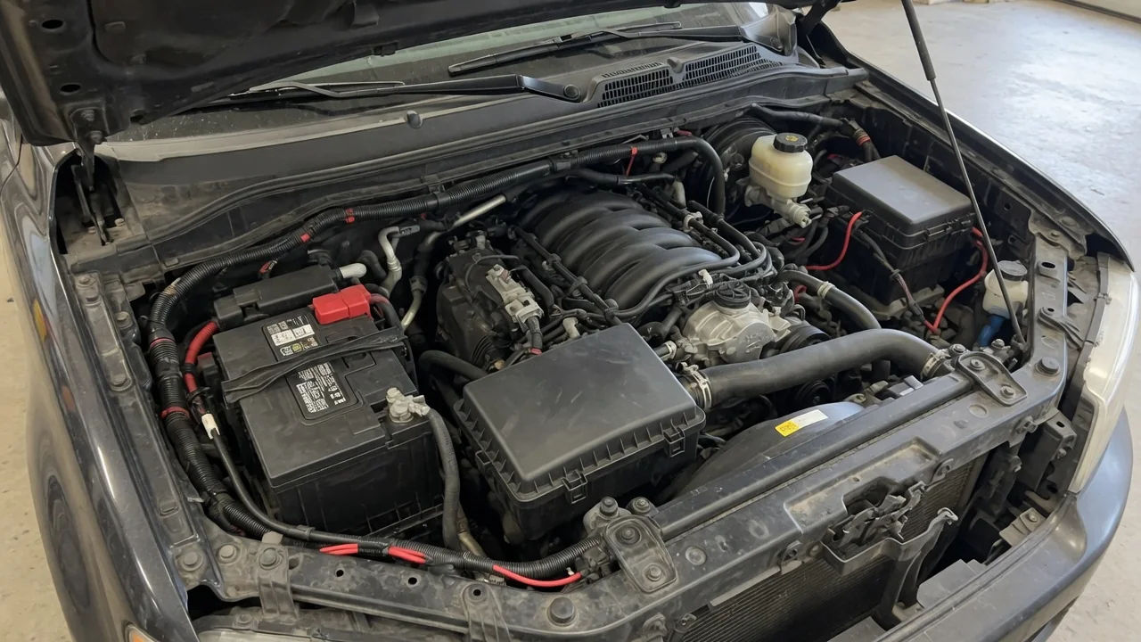 Engine bay showing a battery, covered fuse box, and wiring associated with ECM/PCM power supply checks