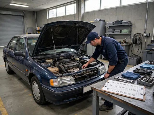 Technician inspecting an older car in a service bay with a maintenance checklist nearby