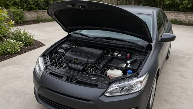 Parked car with its hood open and a flashlight beside the engine bay for a coolant leak inspection