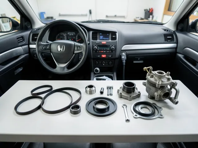 Timing belt, tensioner, pulleys, and water pump arranged on a clean automotive workbench