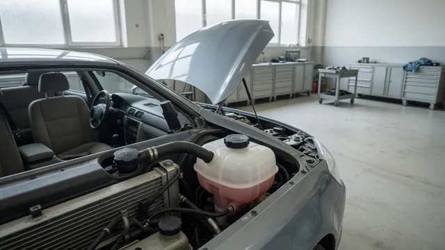 Radiator pressure cap and coolant reservoir in a cool engine bay with the hood open