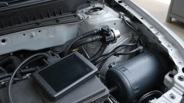 Car engine bay showing an EVAP purge pump and vapor hoses next to an OBD-II scan tool