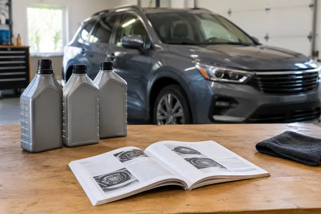 Unbranded transmission fluid bottles beside a vehicle owner's manual on a clean workbench