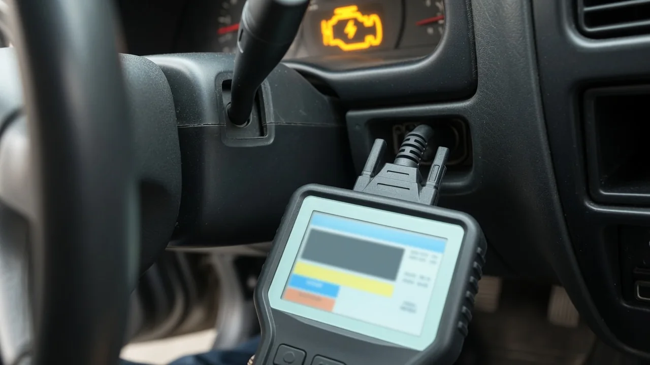 OBD-II scan tool connected under a dashboard reading a trouble code while the check engine light is on